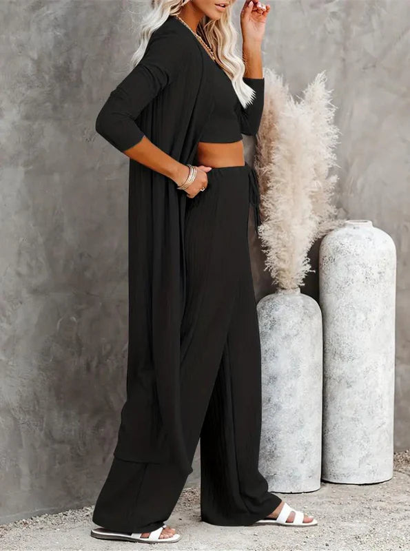 Plus Size Solid Color Cardigan Knitwear With Vest And Casual Pants Three-piece Set