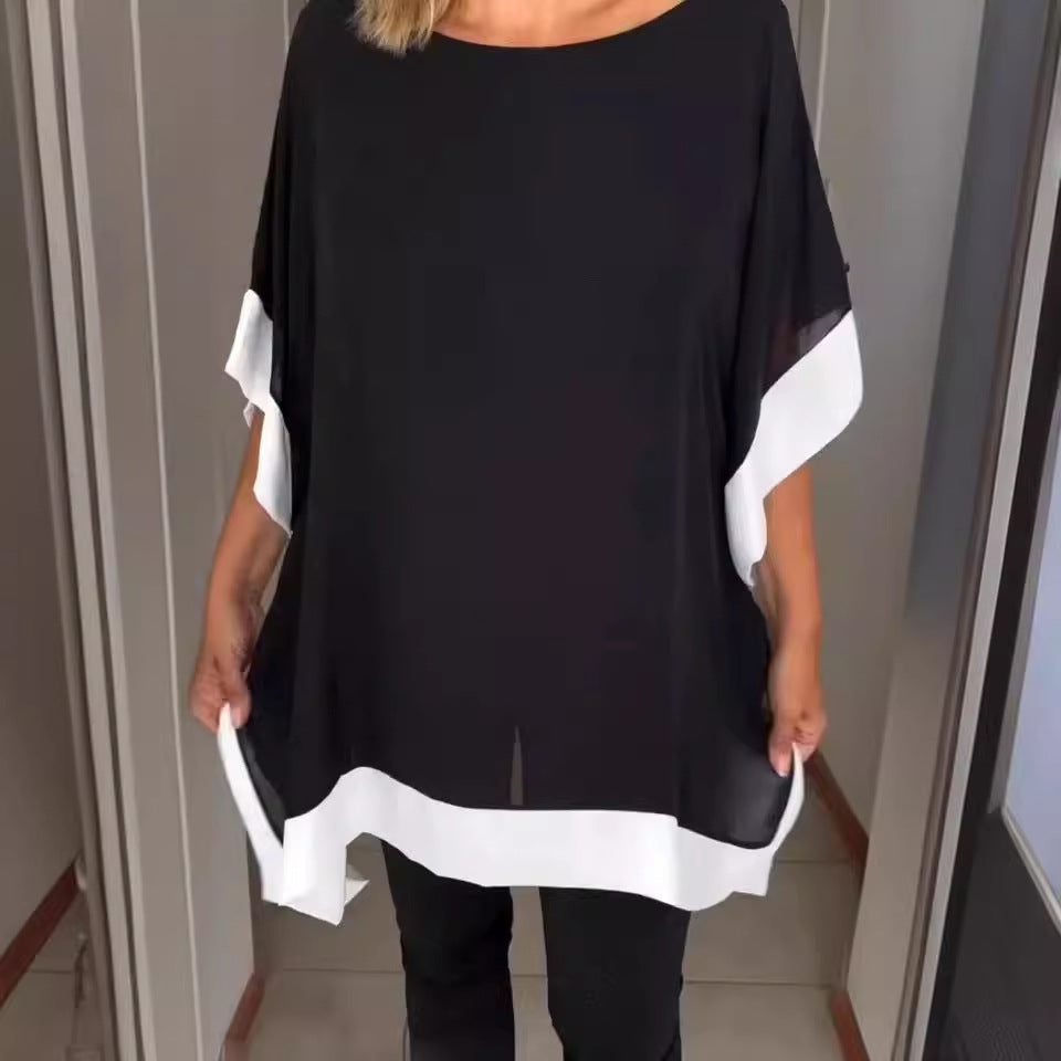 Front Chest Round Neck Loose Short Sleeves Batwing Sleeve Solid Color Stitching T-shirt