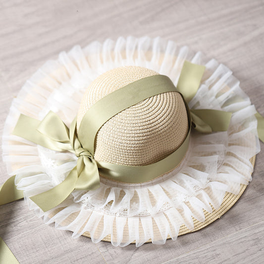 Straw Hat Women's Big Brim Lace Shade Pastoral Bow Ribbon