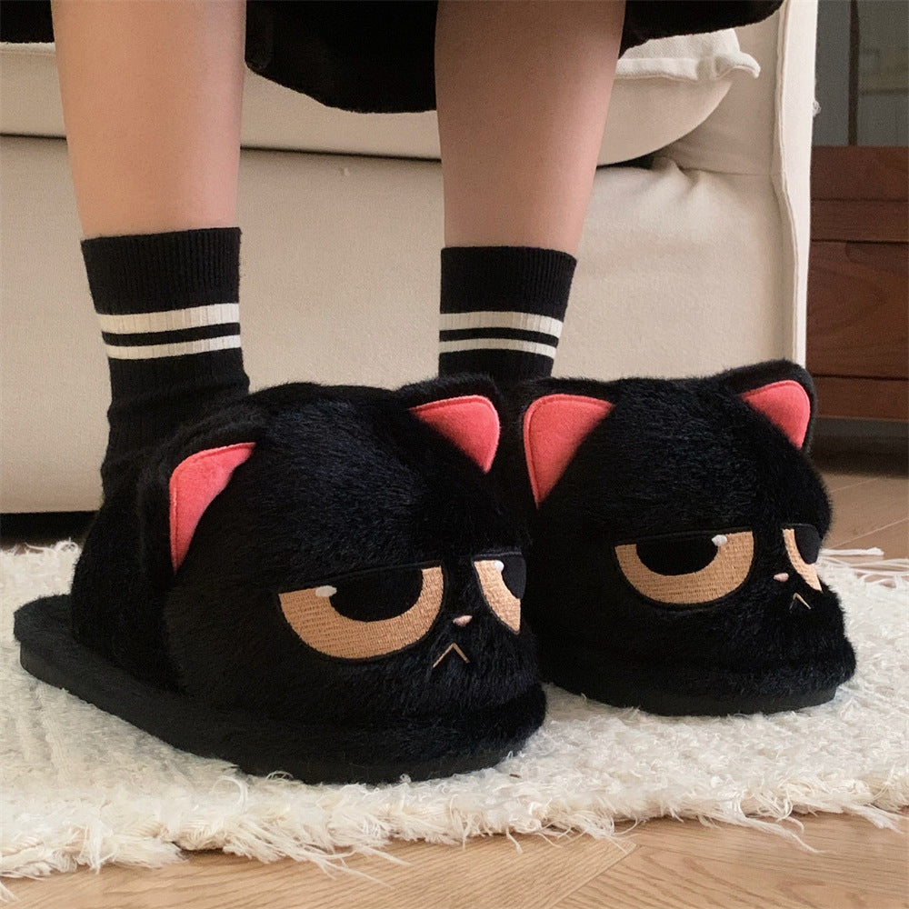 Cute Couple Angry Little Black Cat Fur Men And Women Thermal Cotton Slippers