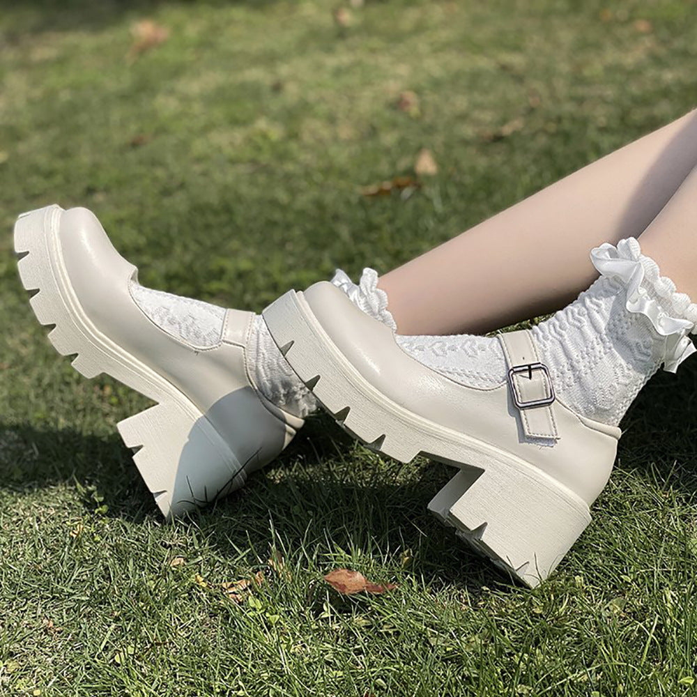 Women's Platform White Round Toe High Heel Leather Shoes