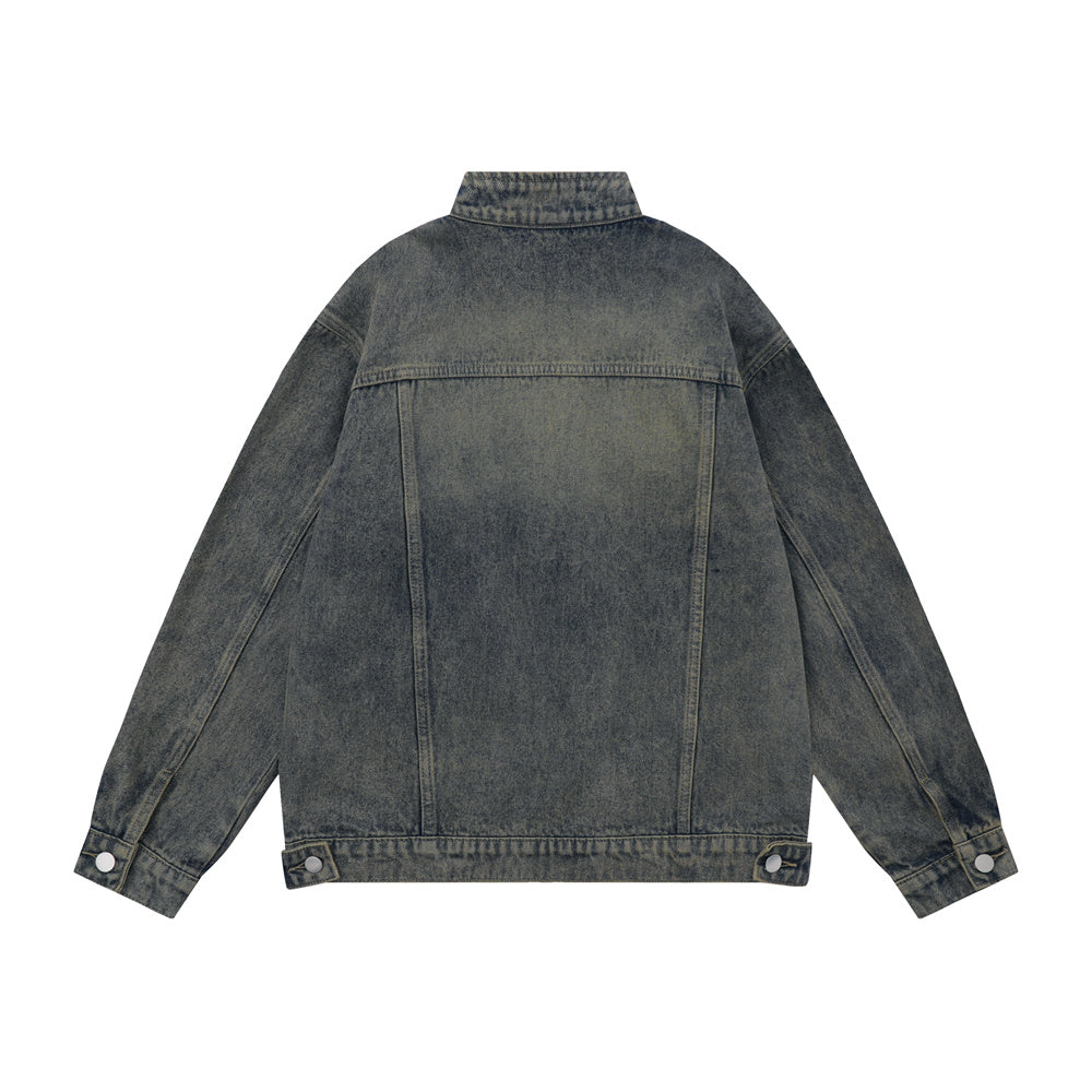 Washed And Worn Zipper Pocket Denim Jacket