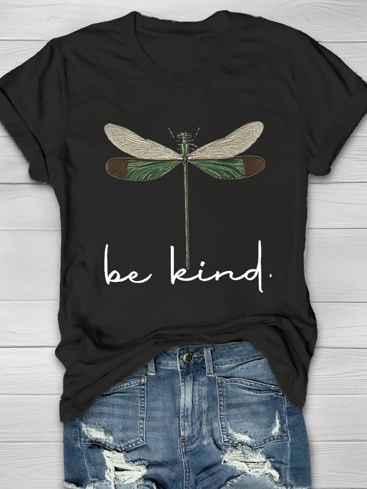 Round Neck White Loose Pullover Chic Dragonfly Short Sleeve