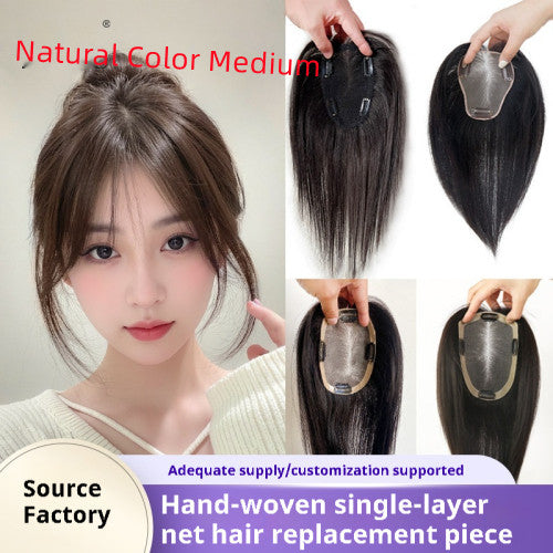 Real Hair Air Bangs Single Layer Net Wig Set Black Length Straight Hair Roll