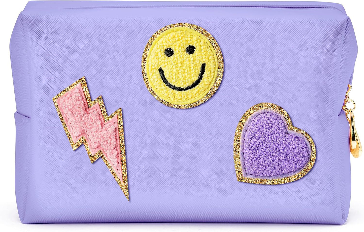 Preppy Patch Small Toiletry Bag Smile Lightning Heart PU Leather Portable Waterproof Makeup Cosmetic Bag Daily Use Storage Purse Travel Organizer Compliant Bag for Women Girls Gift (Pink)