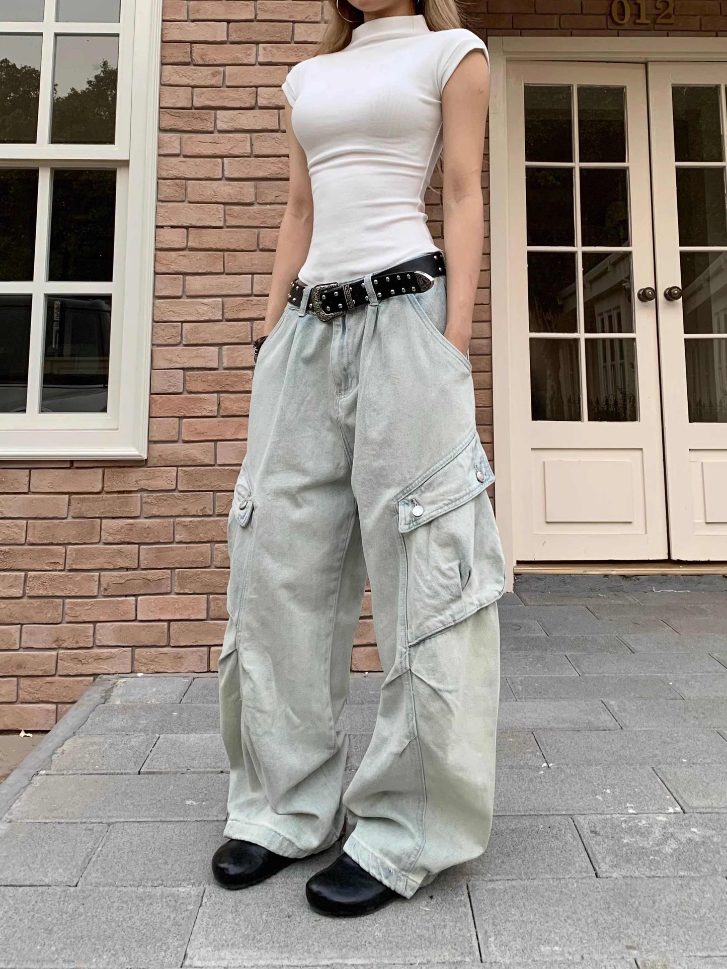Retro arbejdstøj store lomme-jeans løse lige benbukser