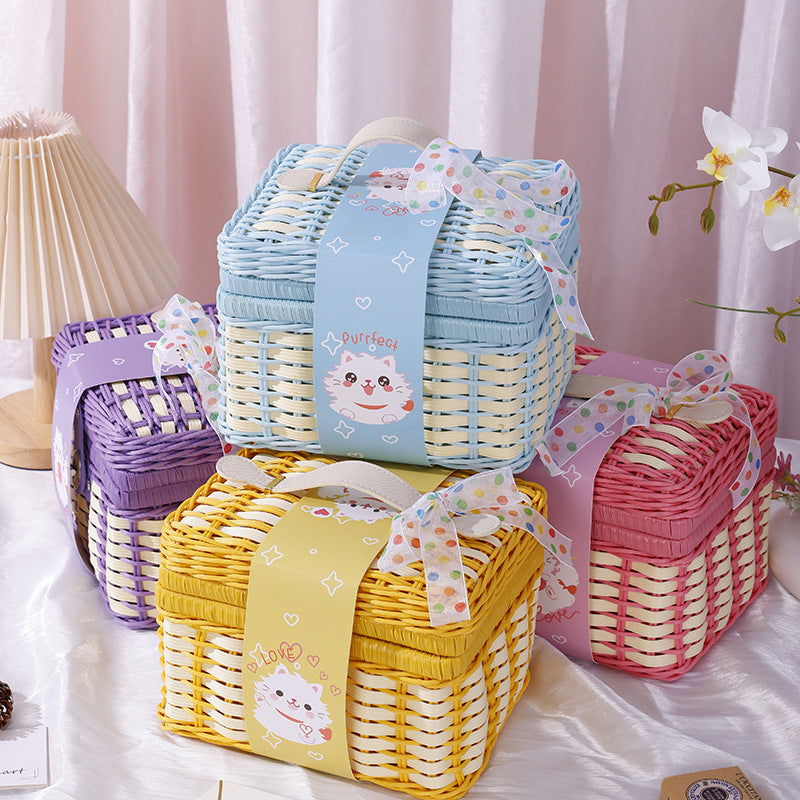 New Colorful Cute Flip-Top Rectangular Straw And Leather Woven Basket