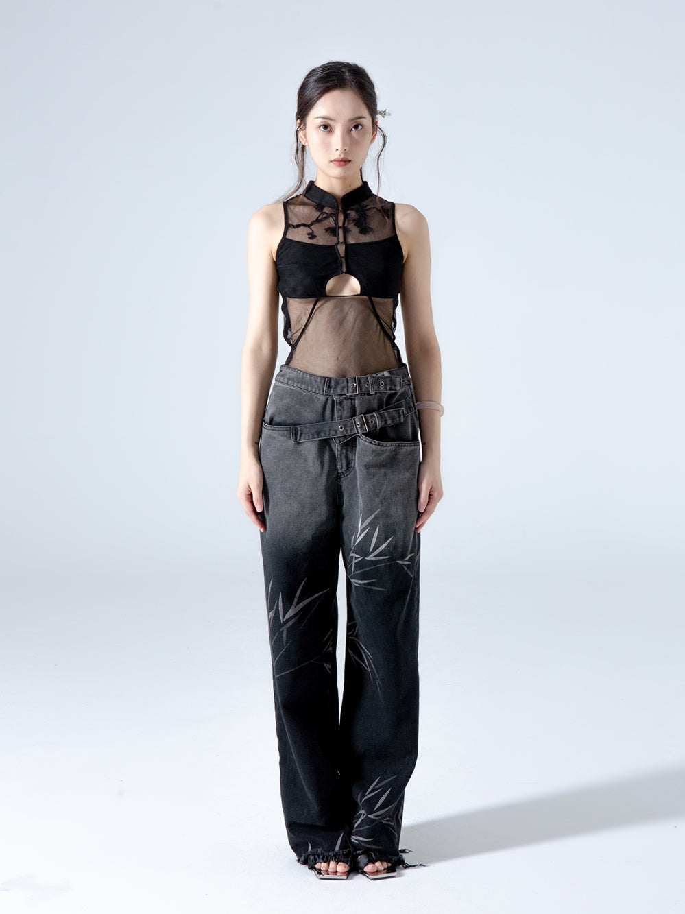 New Chinese Style Pine And Cypress Embroidered Hollow Black Gauze Top