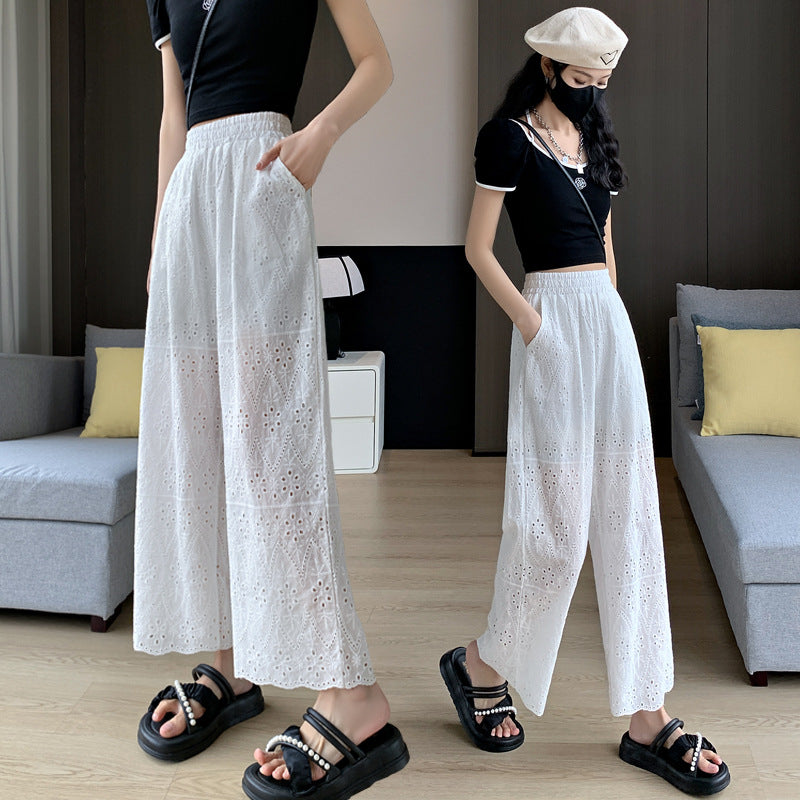 Wide-leg Women's Loose White Embroidered Hollow Casual Pants