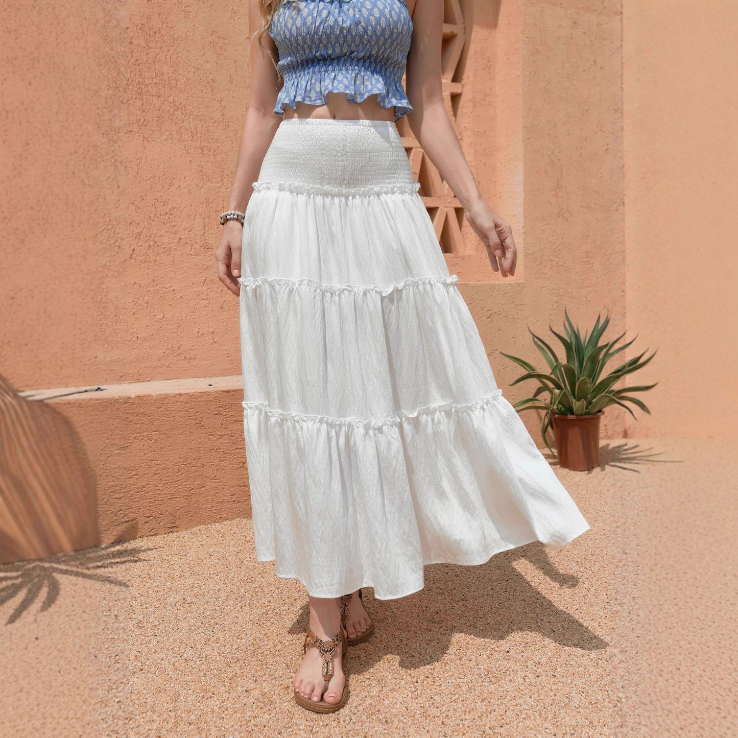 Three Tier Ruffled Cotton Linen Maxi Dress