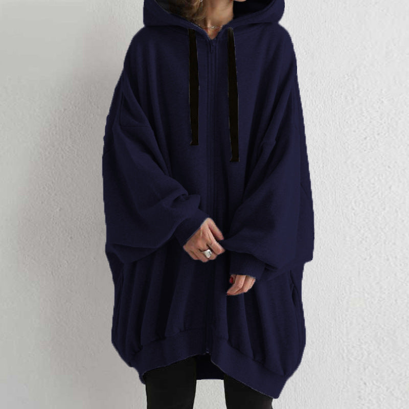 Women's Solid Color European And American Loose Sweater Fashion Hooded Zipper