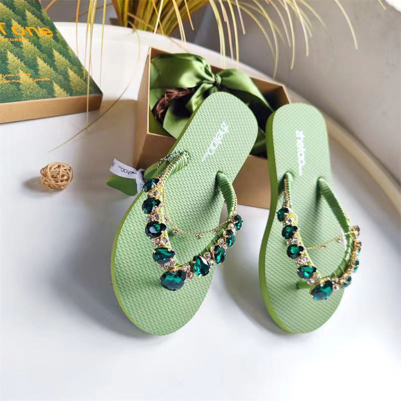 Women's Fashion Casual Color Blocking Glass Peach Heart Rhinestone Flip-flops