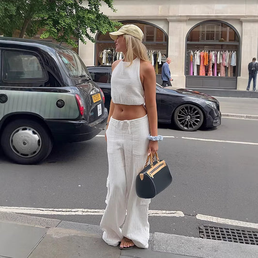 Women's White Sleeveless Tank Top And Wide-leg Pants