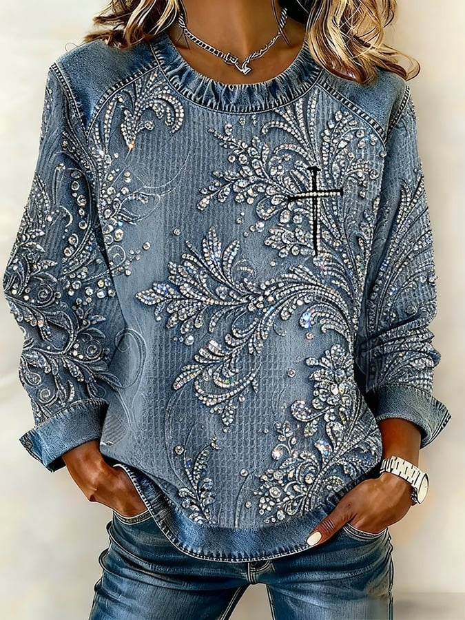 Retro Loose-fitting Pullover With A Printed Crew Neck