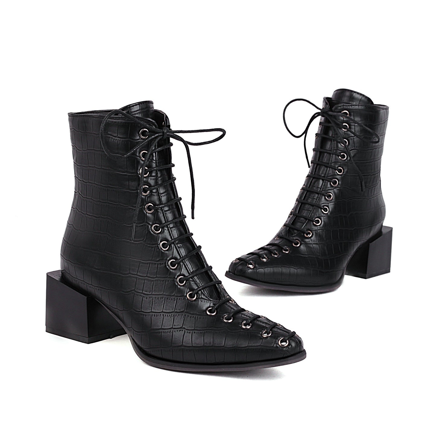 Fashion Mid-heel Square Toe 40414243 Snake Front Lace-up Low-top Women's Boots