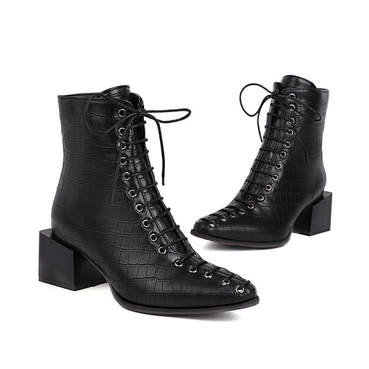 Fashion Mid-heel Square Toe 40414243 Snake Front Lace-up Low-top Women's Boots
