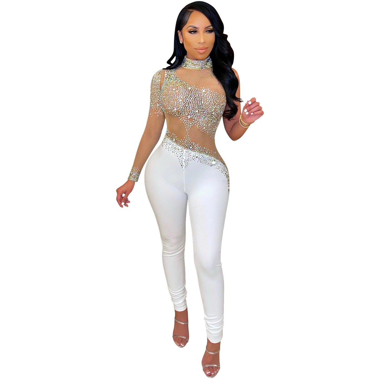 Transparent Mesh Milk Silk Stitching Rhinestone One-shoulder Jumpsuit