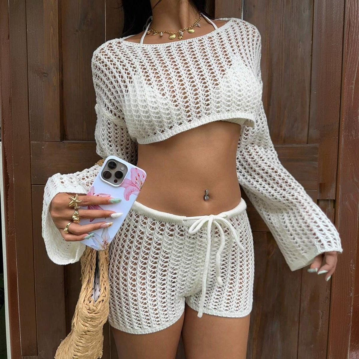 Sexy Hollow-Out Blouse Sun-Protective Set For Women