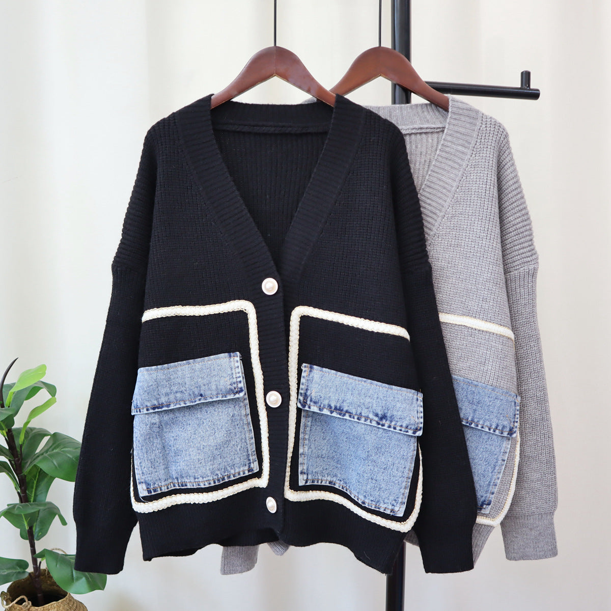 Denim Pocket Knitted Cardigan Loose Design Temperament Versatile Sweater Coat