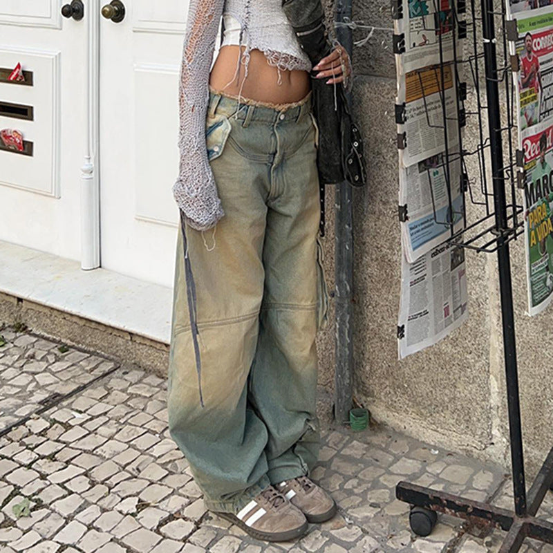 Women's Asymmetric Retro Raw Hem Jeans Straight-leg Overalls