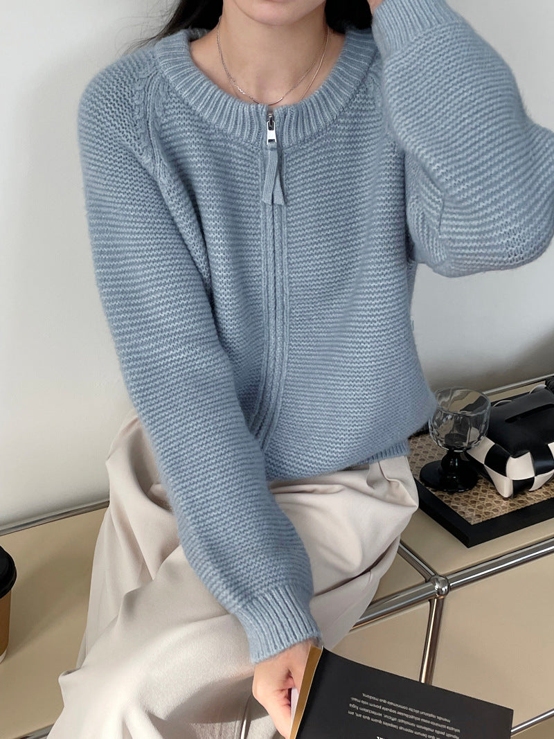 Sweater Double Zipper Sweater For Women Loose And Lazy Style Crew Neck Coat