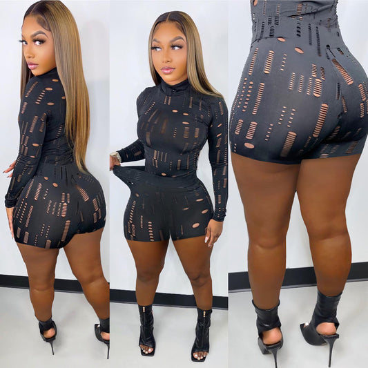 Elastic Ripped Turtleneck Long-sleeved Top Pencil Pants Set