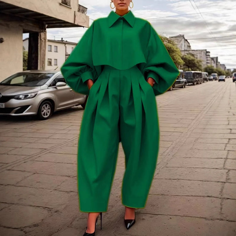 Elegant Fashion Temperament Leisure Long-sleeved Green Jumpsuit