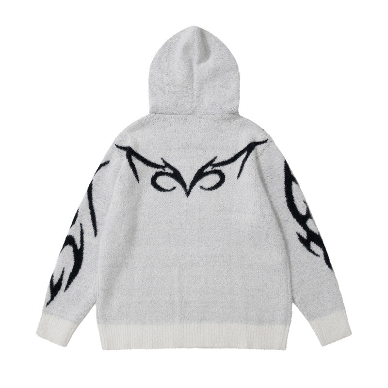 Totem Jacquard Contrast Color Hooded Zip Sweater
