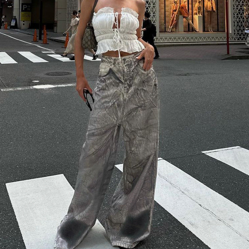 Personalized Distressed Washed High Waist Loose Drooping Trousers