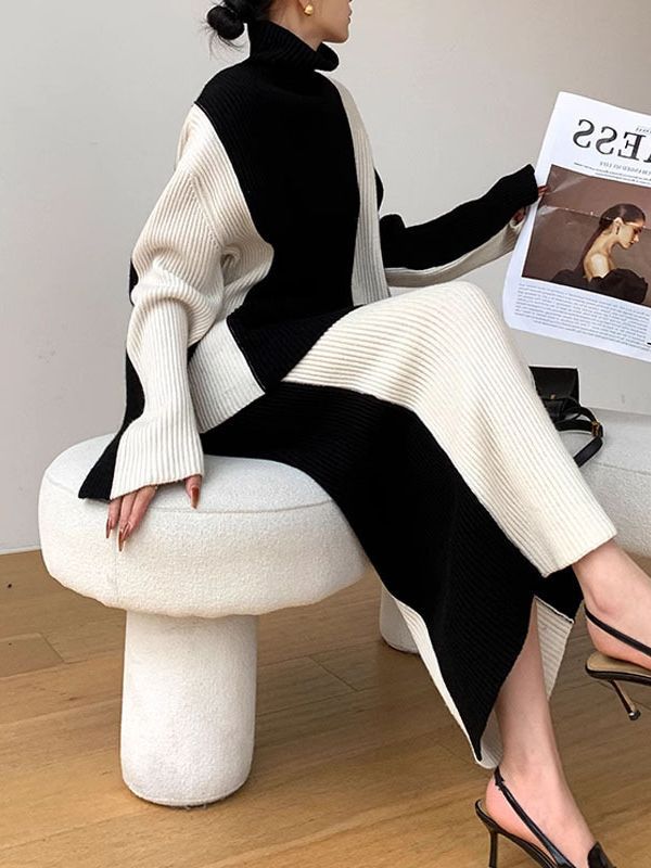 Color-block Design Sweater Skirt Set For Women