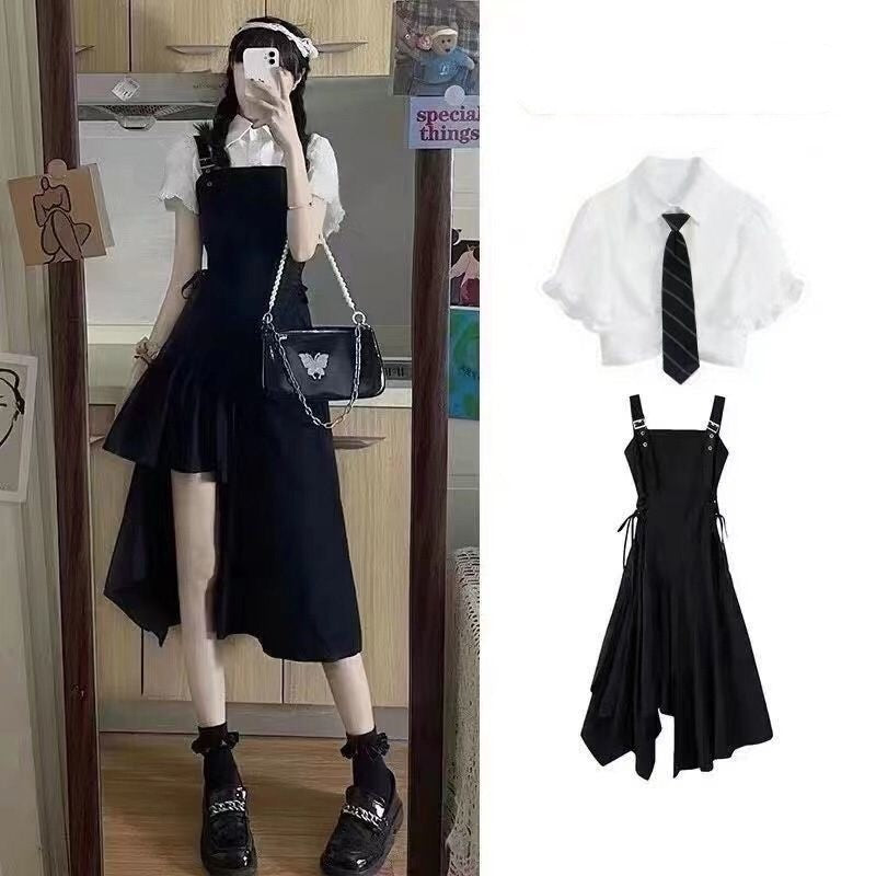 Irregular-strap Shirt And Skirt Two-piece Set