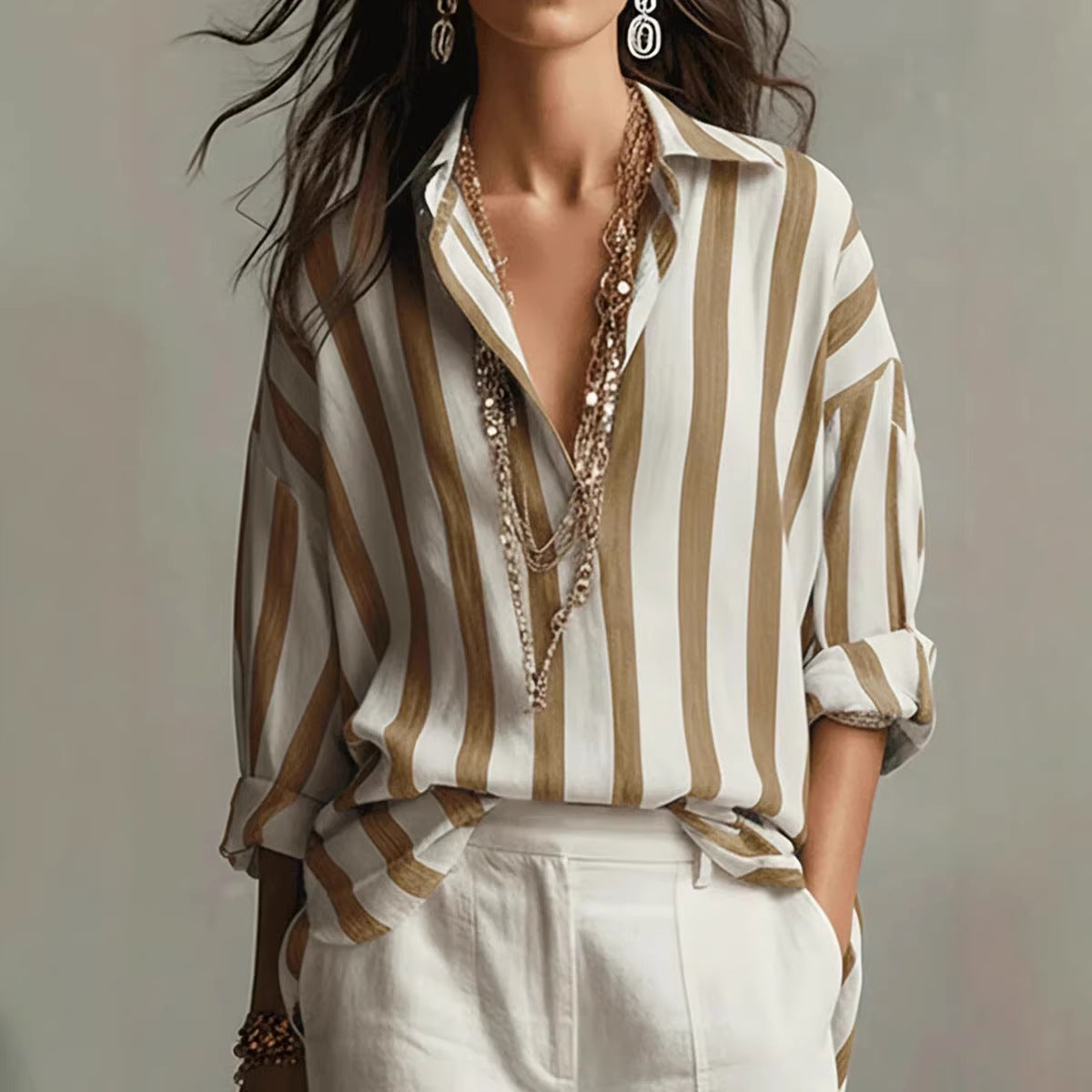Striped Lapel Collar Loose-Fit Stylish Pullover Womens Blouse