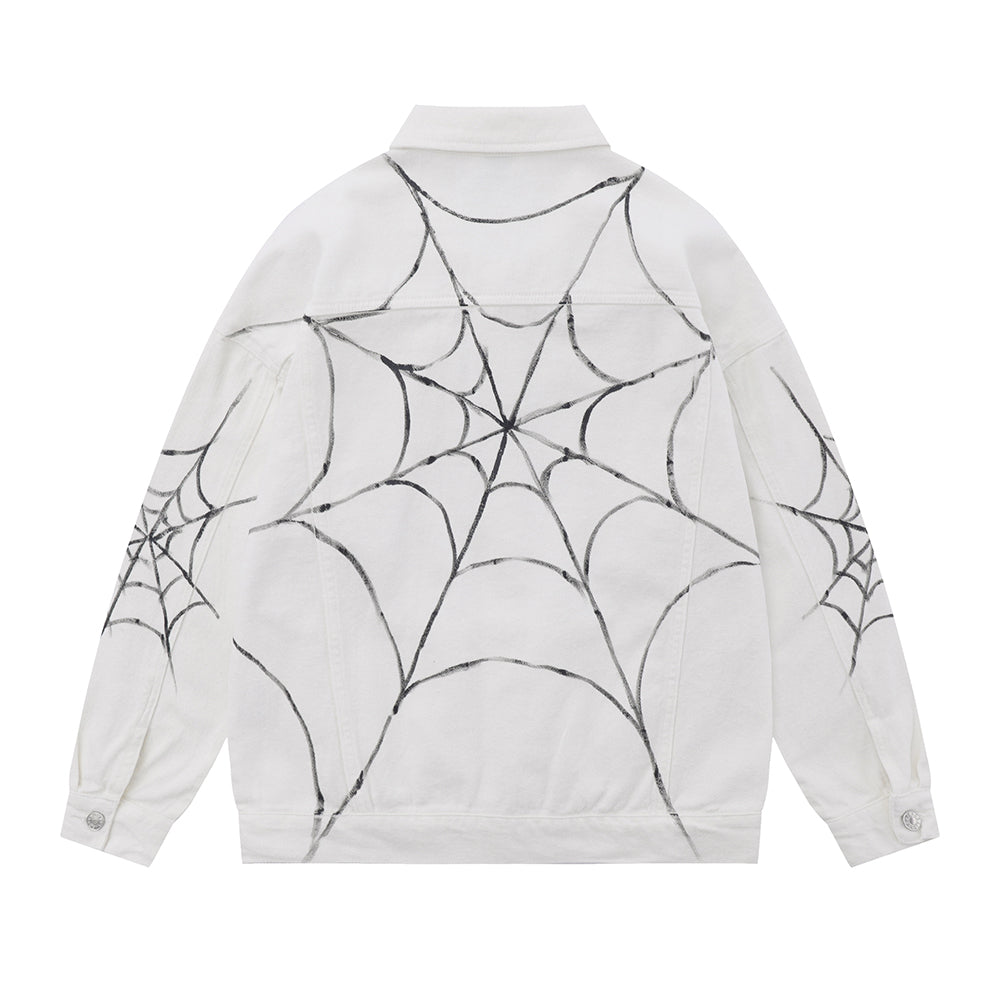 Spring And Autumn Jacket Men's Spider Web Printed Design Sense Niche High Street Washed And Worn Denim Coat