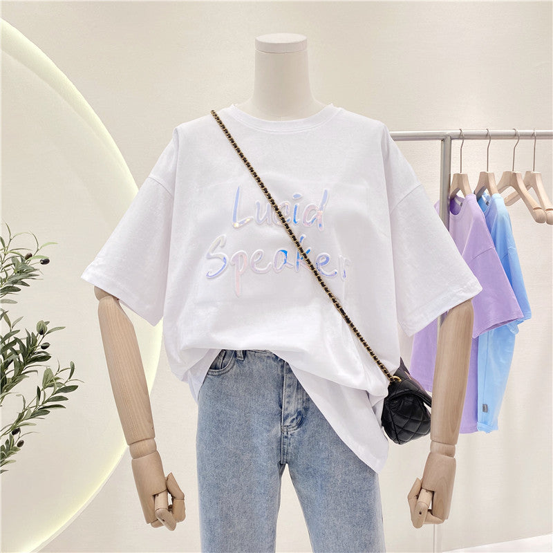 Women's Loose Short-sleeved T-shirt With Bronzing Letter Design Sense