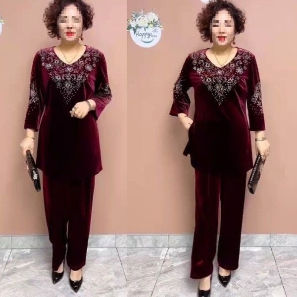 Stylish Gold Velvet Cropped-Sleeve Pants Two-Piece Set