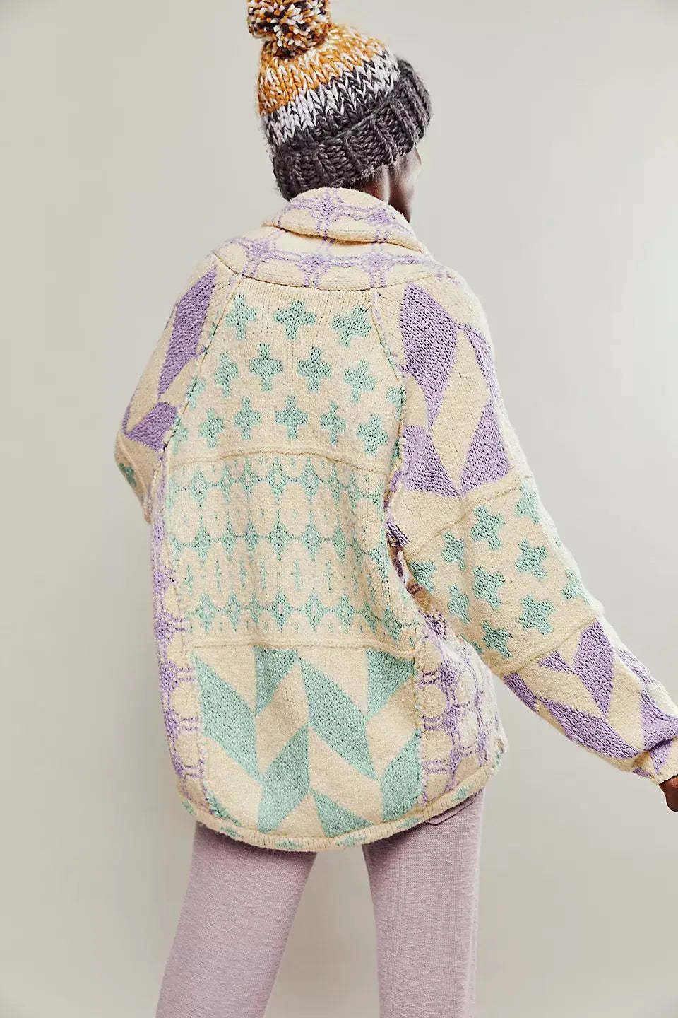 Abstract Print Turn-Neck Loose-Fit Long-Sleeve Knitted Sweater For Women