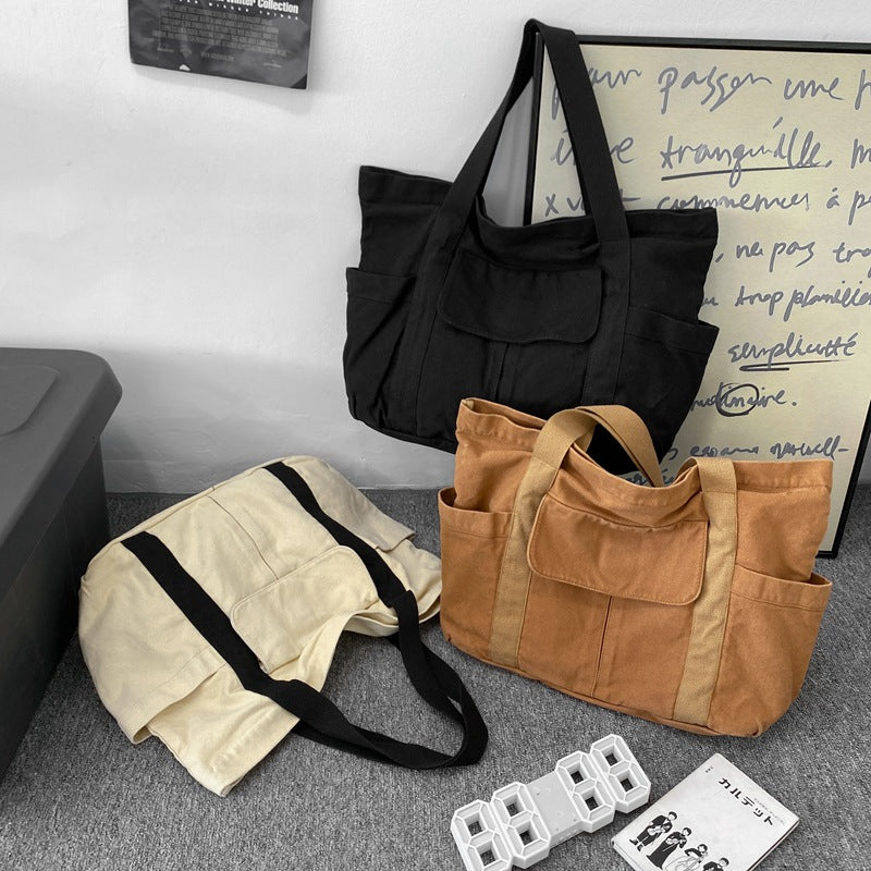 Japanese Large Capacity Solid Canvas Shoulder Bag Tote