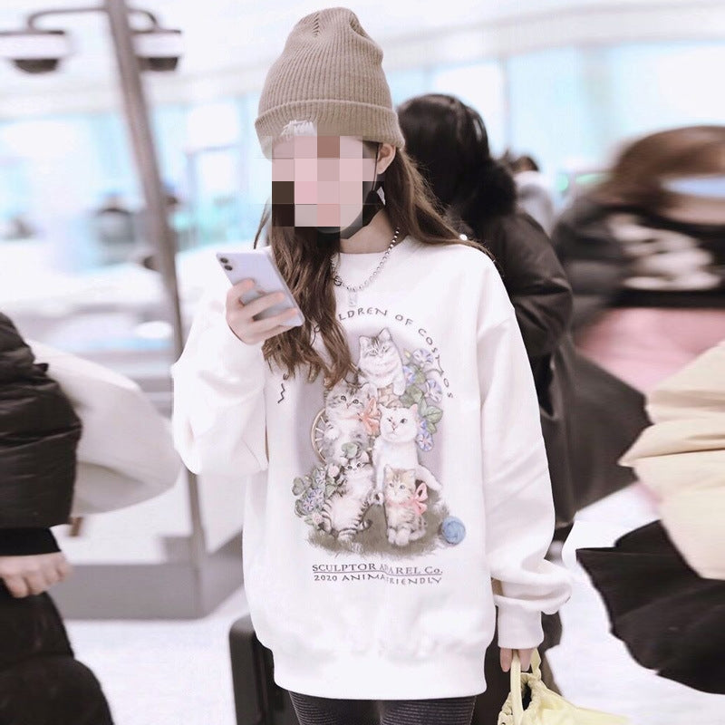 Women's Loose Round Neck Cartoon Mid-length Sweater