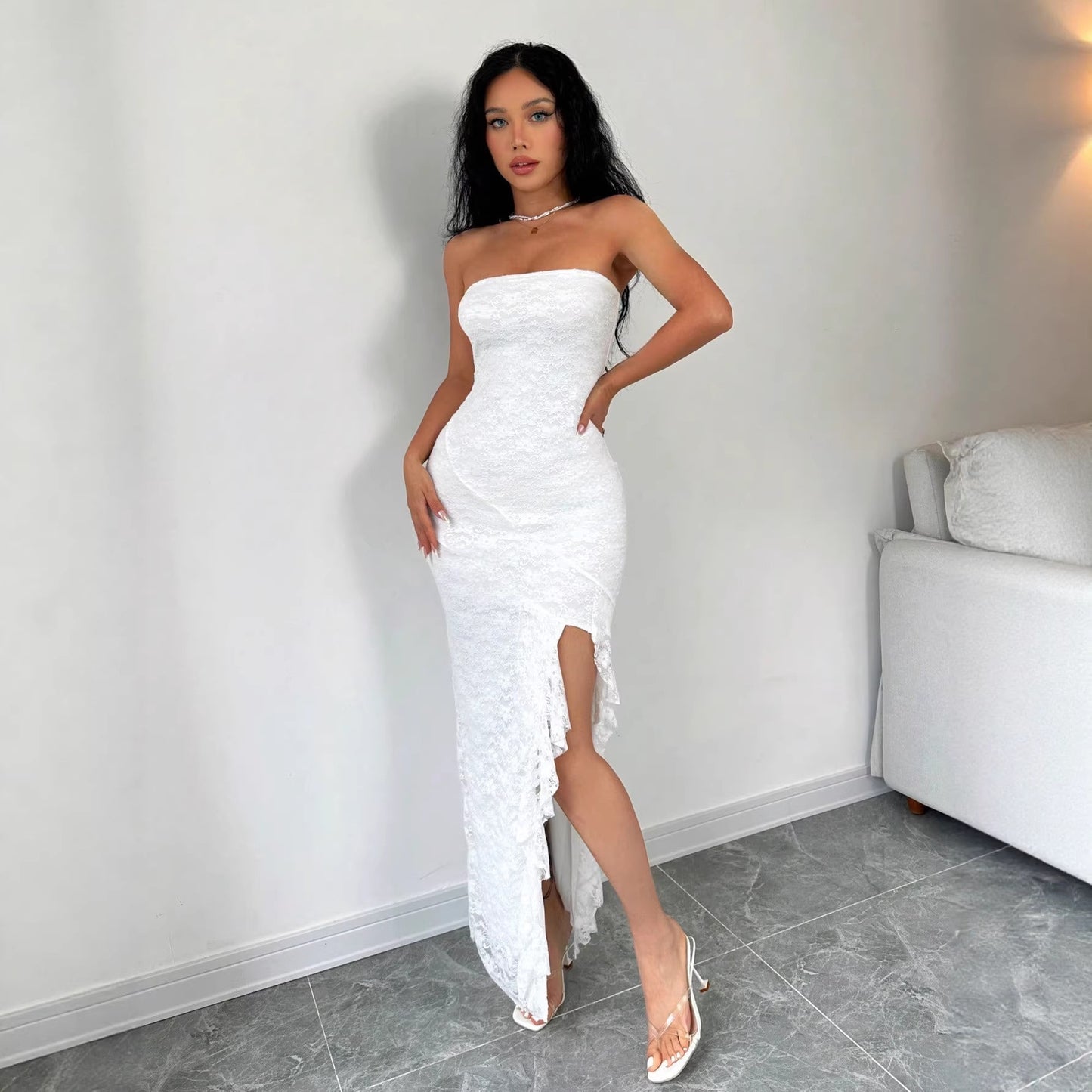 Elegant, Solid-color Strapless Slit Dress