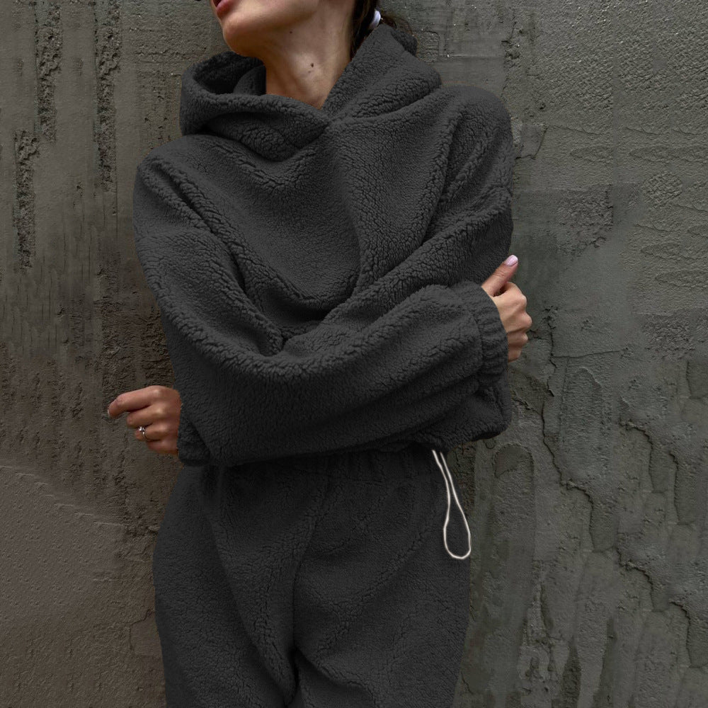 Polar Fleece Round Neck Pullover Long Sleeve Two-piece Set Smart Trousers Suit