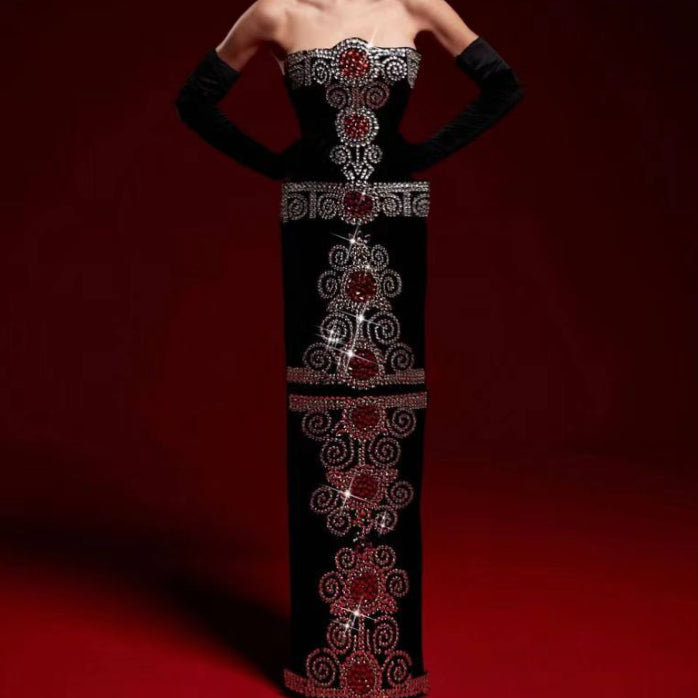 Totem Rhinestone Sheath Black Tight Trousers Bandage Evening Dress