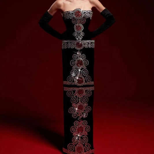 Totem Rhinestone Sheath Black Tight Trousers Bandage Evening Dress