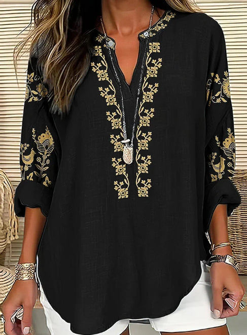 Women's Vintage Ethnic Floral Linen V-neck Shirt