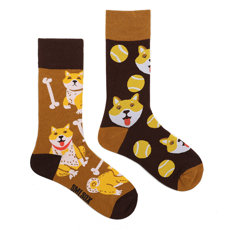 Asymmetrical Color Retro Personality Male And Female Couple Mid-length Cotton Socks