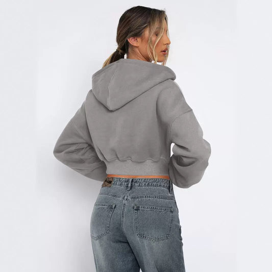 Langærmet Fleece Cardigan med Lynlås Hættetrøje Afslappet Jakke