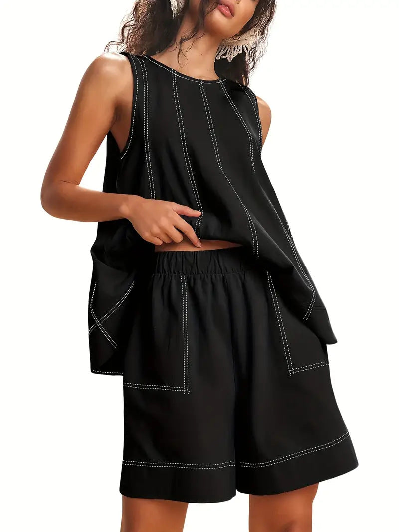 Solid-Color Elegant Crew-Neck Tank Top And Wide-Leg Shorts Set For Women