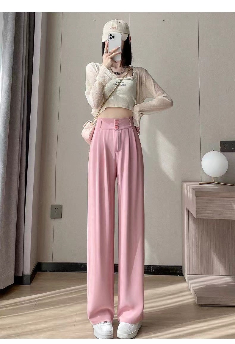Green Ice Silk Wide-leg Pants Women's Summer Thin High Waist
