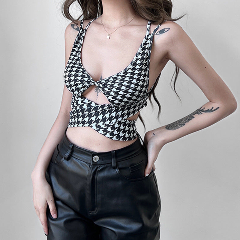 Houndstooth Print Lace-Up V-Neck Slim Back Slim Tank Top