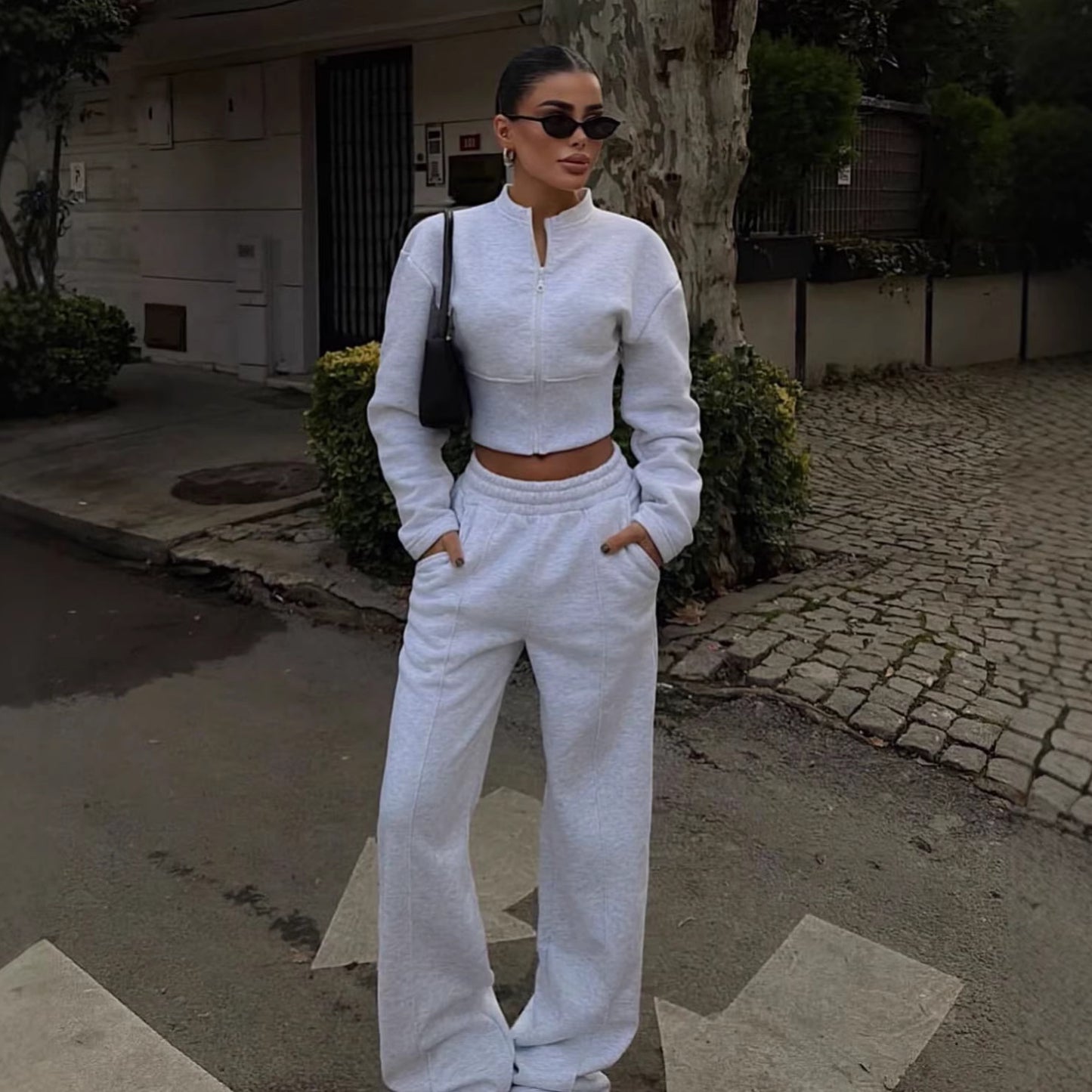 Zip-up Cardigan Jacket And Drawstring Pants Two-piece Set For Spring And Fall