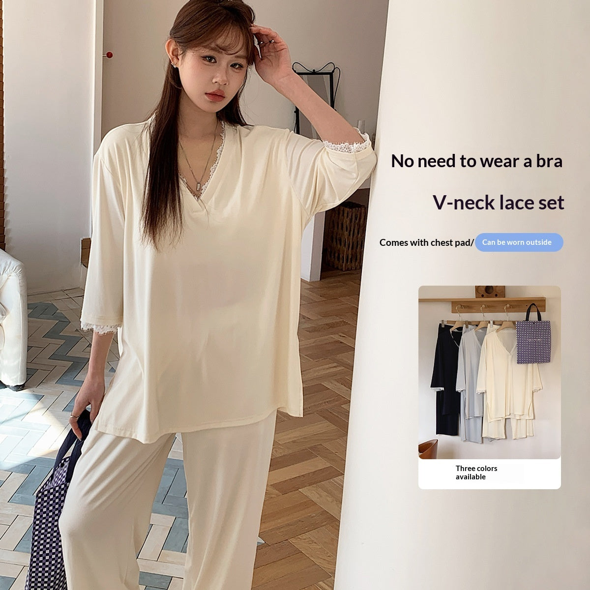 Spring Summer V-Neck Pajama Set With Chest Pads Lace Luxurious Feel Comfortable And Skin-Friendly Loungewear